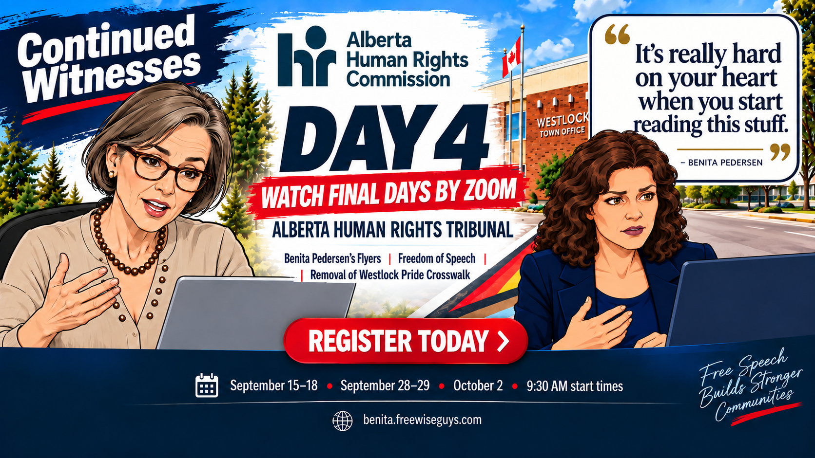 Day 4 hearing banner featuring continued witnesses and a quote from Benita Pedersen