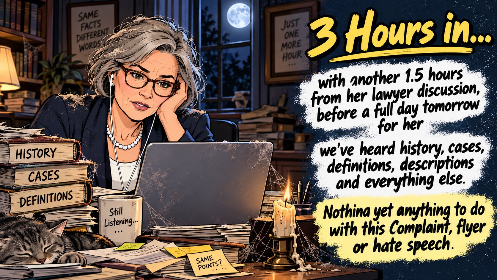 Illustrated Day 3 post graphic describing three hours of discussion and no discussion yet about the complaint