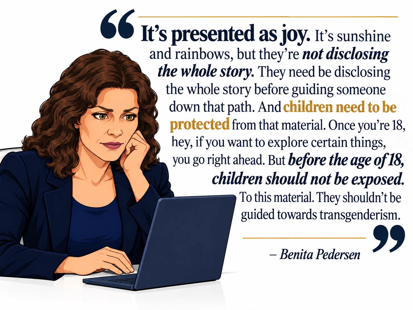 Illustrated quote graphic of Benita Pedersen discussing disclosure and protecting children from material