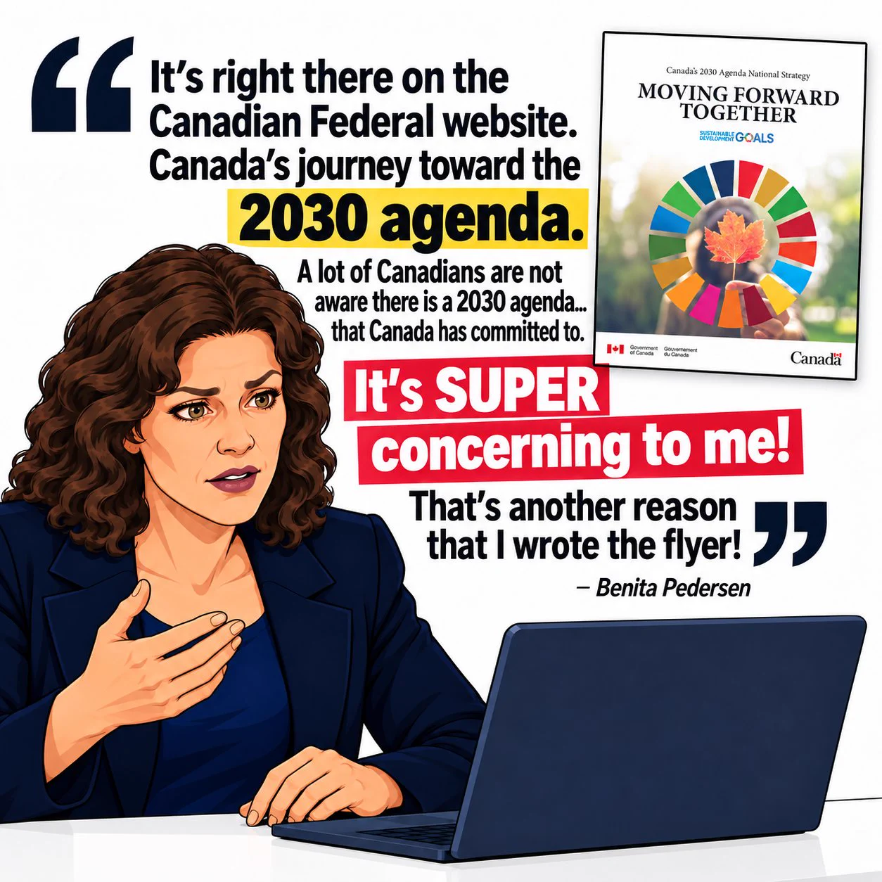 Illustrated quote graphic of Benita Pedersen discussing Canada’s 2030 agenda and why she wrote the flyer