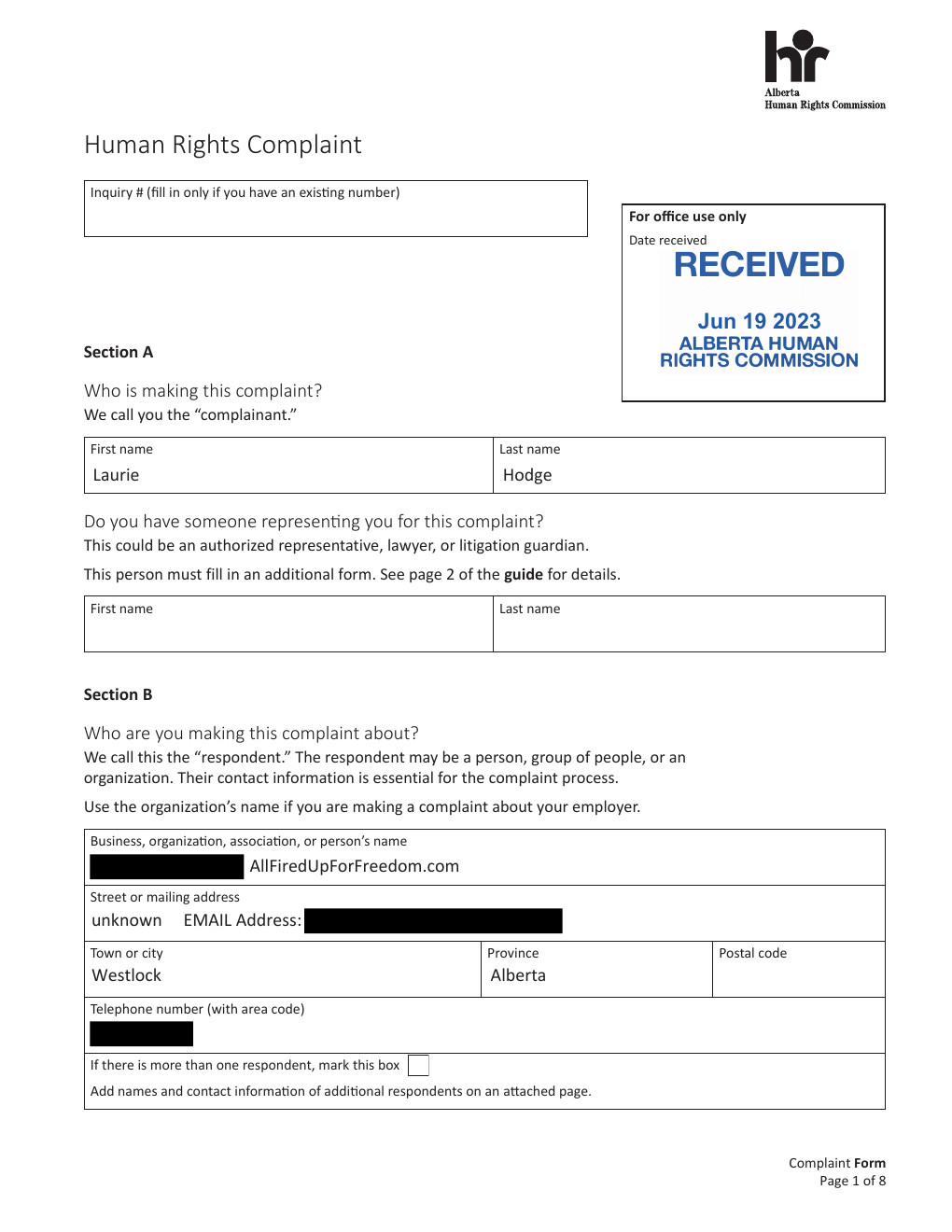 First page of the redacted Human Rights Complaint received June 19, 2023