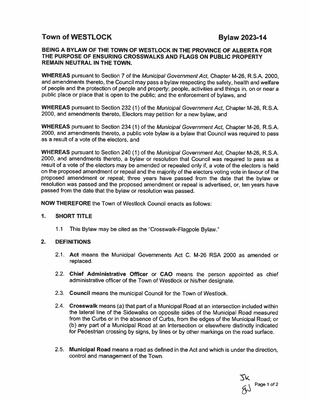 First page of Town of Westlock Crosswalk and Flagpole Bylaw 2023-14